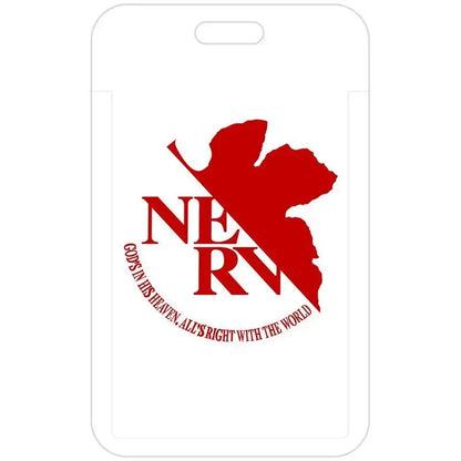 White plastic evangelion ayanami rei card holder with red nerv logo and gods in his heaven phrase for id case use