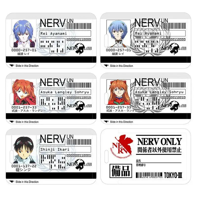 White plastic card holder featuring evangelion ayanami rei with nerv un branding and character names for id use