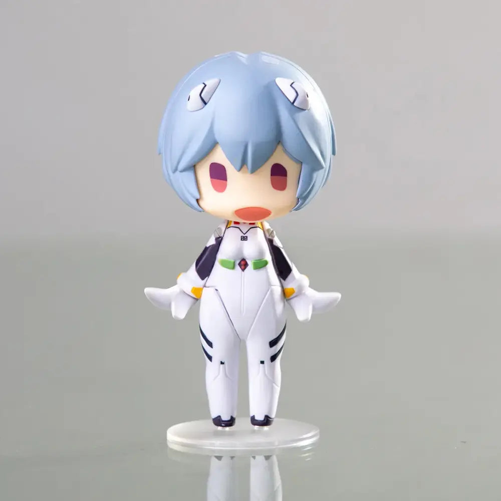 Chibi-style plastic evangelion ayanami rei figurine with light blue hair in white black suit for kawaii car decor