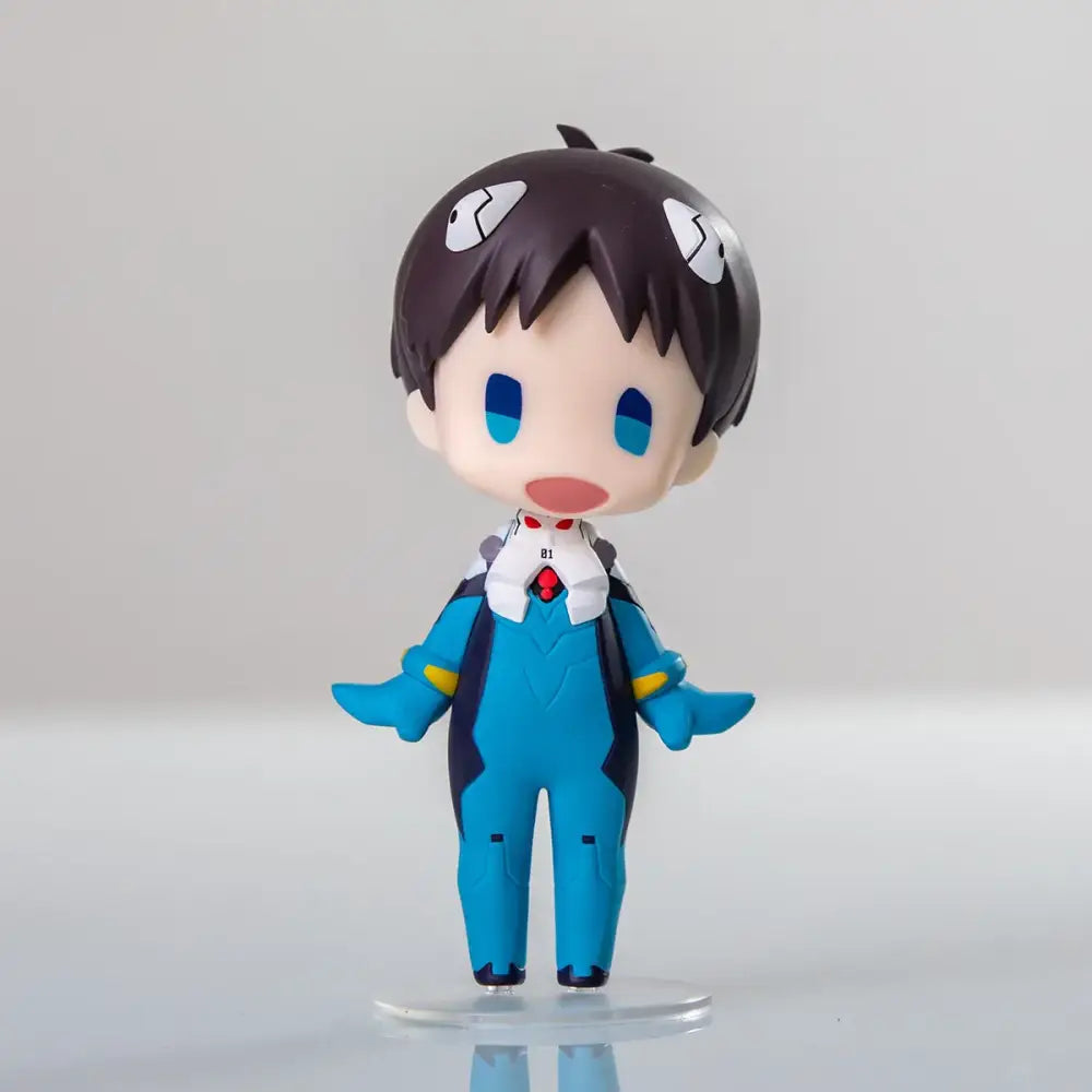 Chibi-style evangelion ayanami rei plastic figurine with dark brown hair and blue jumpsuit for kawaii car decor