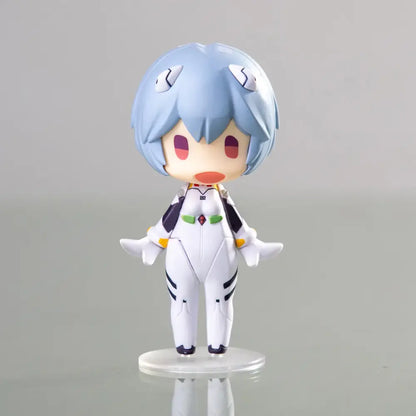Chibi-style evangelion ayanami rei kawaii pvc statue with light blue hair and white black suit accented by green and yellow details