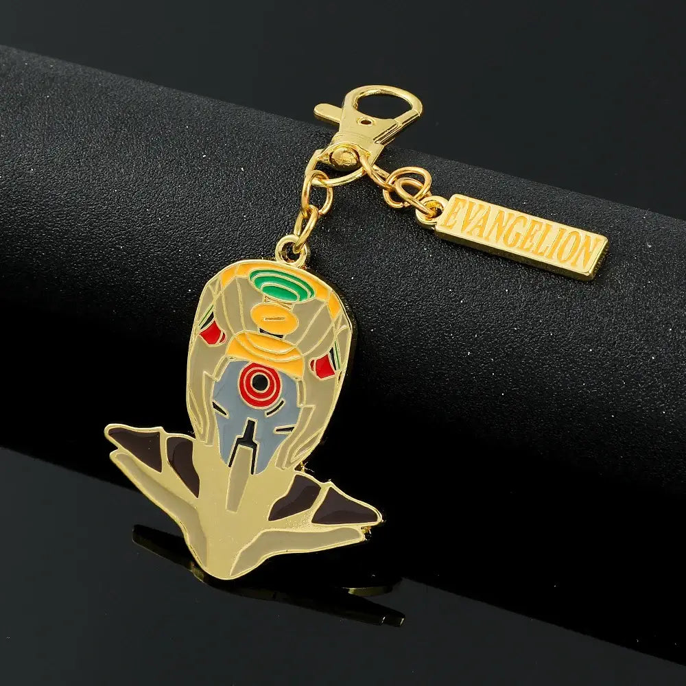 Gold-colored enamel evangelion ayanami rei metal pendant keychain with stylized unit head and colorful accents
