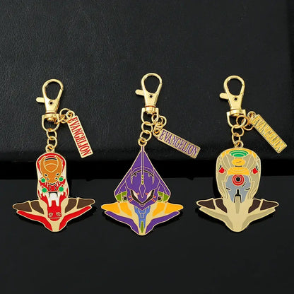 Three colorful enamel evangelion ayanami rei keychains with gold metal pendant clasps and spear design tags
