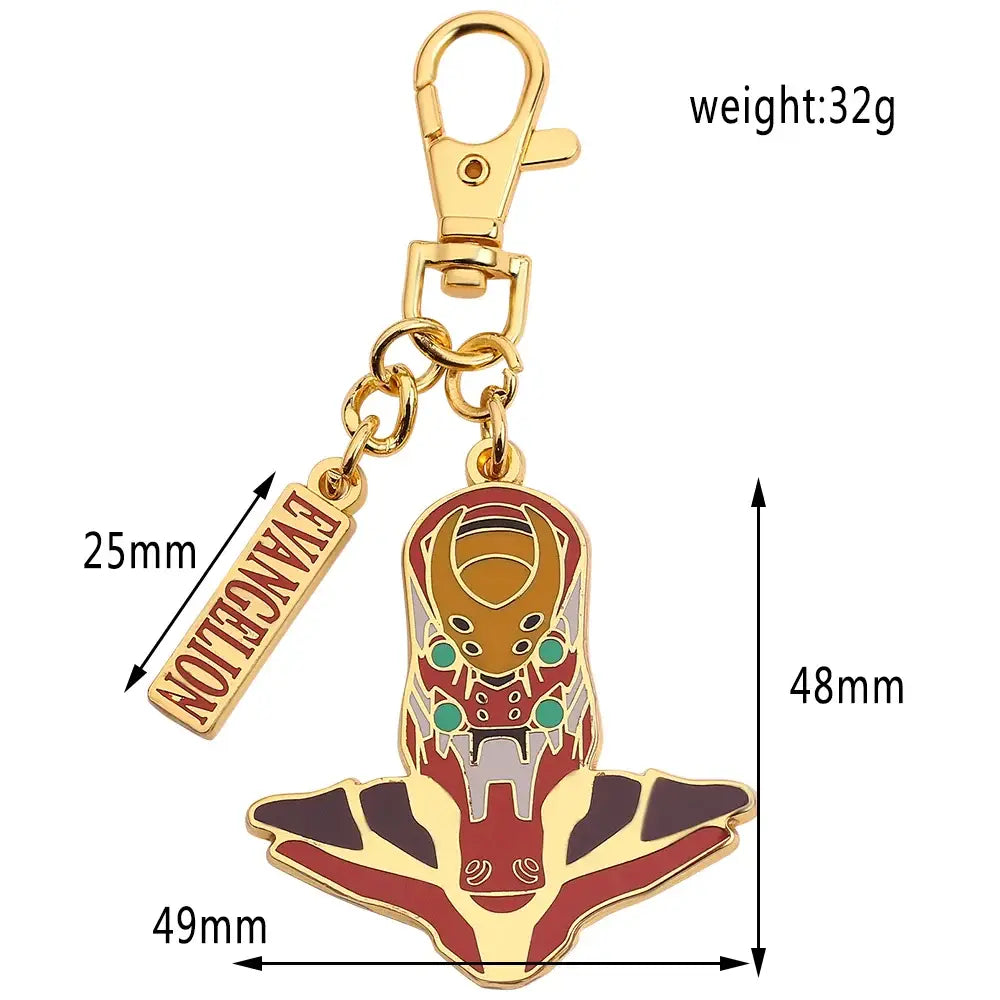 Gold-colored enamel metal spear keychain featuring detailed evangelion unit-01 design with red brown and teal accents