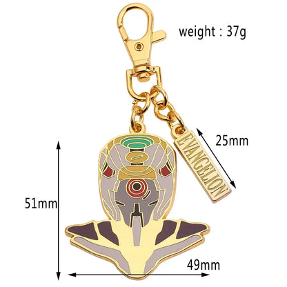 Gold-colored enamel ayanami rei metal spear keychain featuring stylized evangelion unit head with purple green red accents