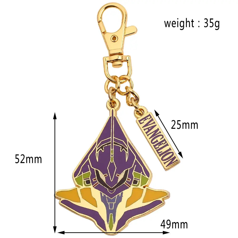 Gold-colored enamel metal spear keychain featuring purple and yellow evangelion unit face with matching evangelion tag