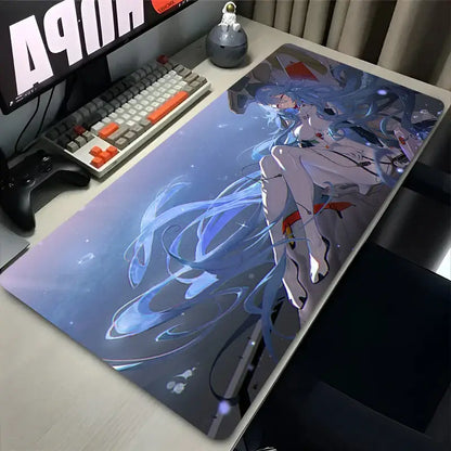Blue and white evangelion ayanami rei desk mat featuring detailed anime character illustration with starry background