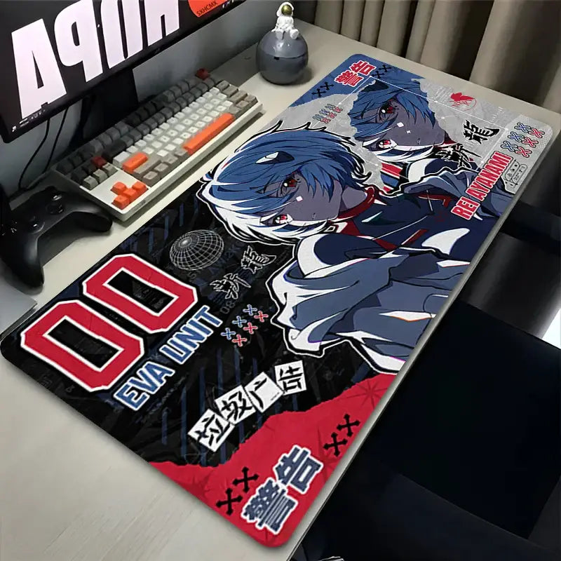 Blue-haired evangelion ayanami rei anime character on black and red desk mat with eva unit 00 text for gaming