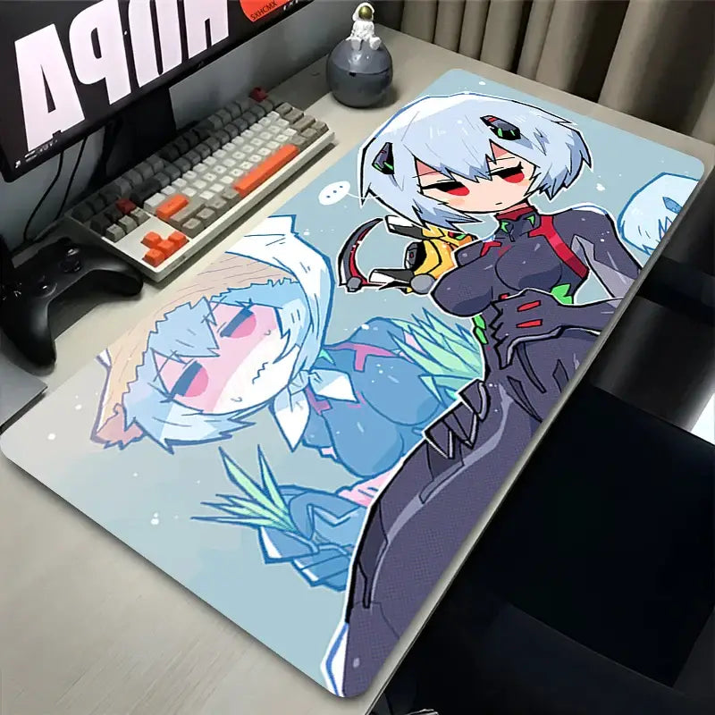 A light blue evangelion ayanami rei desk mat featuring an anime illustration of two characters in a rectangular design