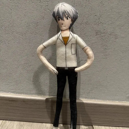Ayanami Rei plush doll with silver-gray hair wearing white shirt and black pants flexible wire 28cm rei plush