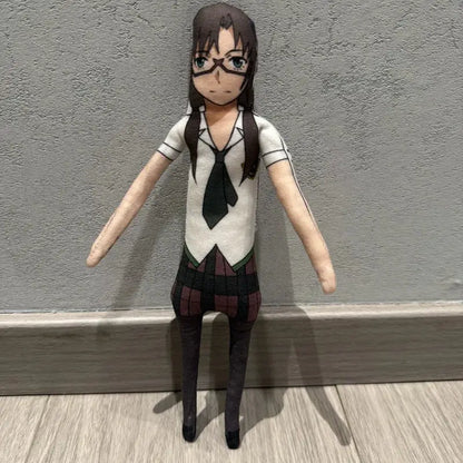Evangelion ayanami rei plush doll with brown hair, glasses, flexible wire, white shirt, black tie, and plaid skirt