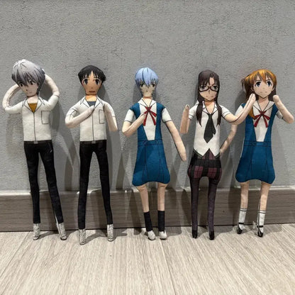 Five handmade paper doll figures of neon genesis evangelion characters including ayanami rei plush in school uniforms