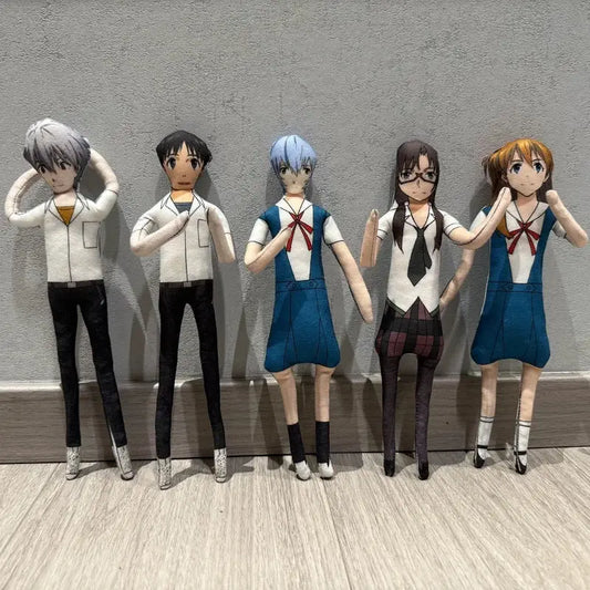 Five handmade paper dolls of neon genesis evangelion characters featuring flexible wire rei plush in school uniforms