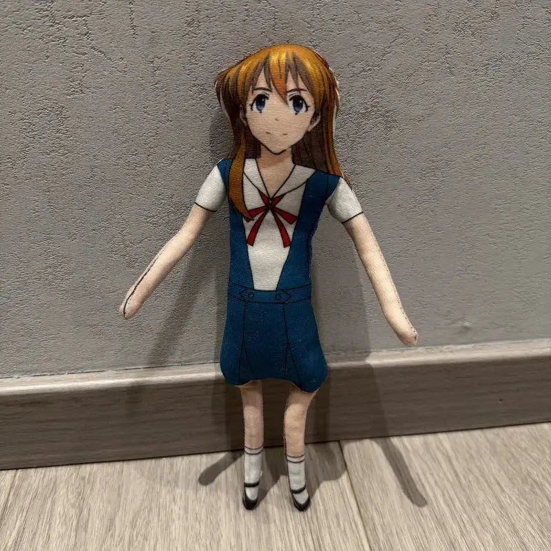 Ayanami Rei plush doll with orange hair and blue eyes in navy-blue school uniform with red bow tie 28CM flexible wire
