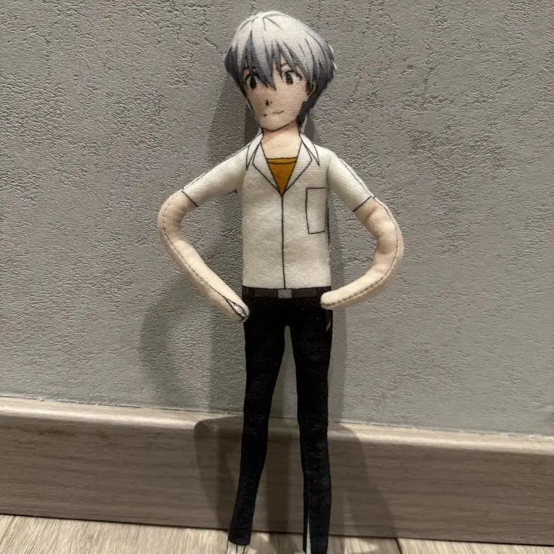 Evangelion ayanami rei plush doll with silver-gray hair wearing white shirt orange undershirt black pants flexible wire