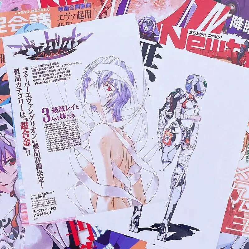 White paper wall sticker set featuring evangelion ayanami rei with purple hair red eyes and mechanical suit artwork