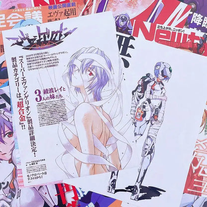 White paper wall sticker set featuring purple-haired anime character ayanami rei and mechanical suit from evangelion vintage poster