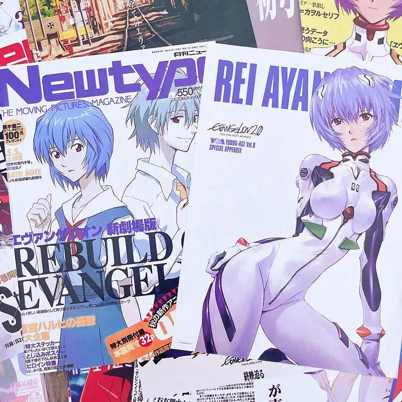 Evangelion ayanami rei vintage poster wall sticker set featuring white and purple unit-02 figure with green accents