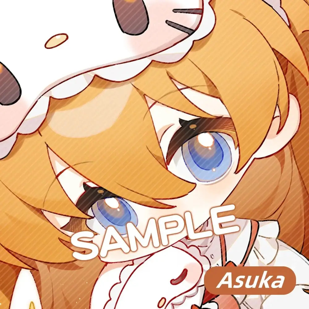 A cute pendant key ring featuring a chibi evangelion character with golden-brown hair and blue eyes holding a plush hello kitty head
