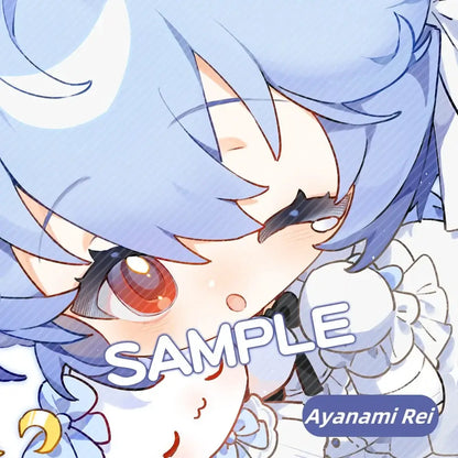 A close-up of an evangelion character keychain featuring a chibi anime character with light blue hair and lace-trimmed white clothing