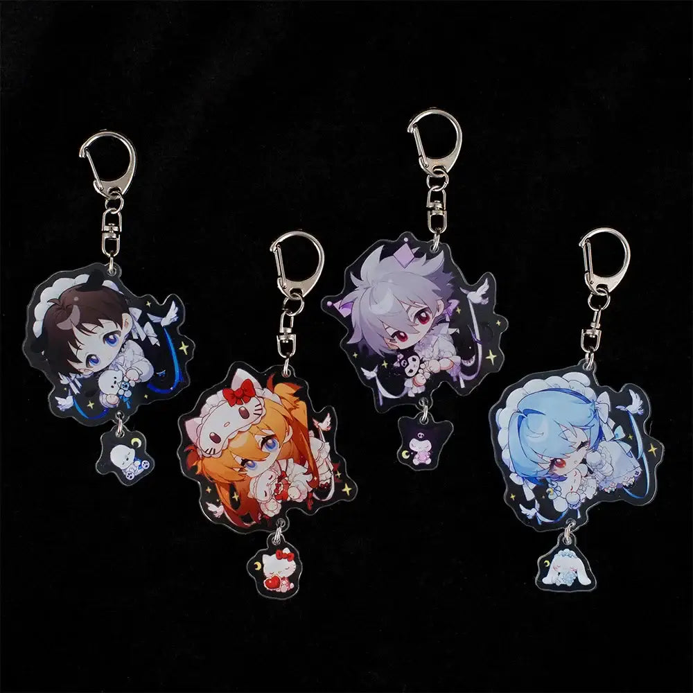 Four colorful acrylic evangelion character keychain with chibi anime designs silver clasps and cute pendant key rings