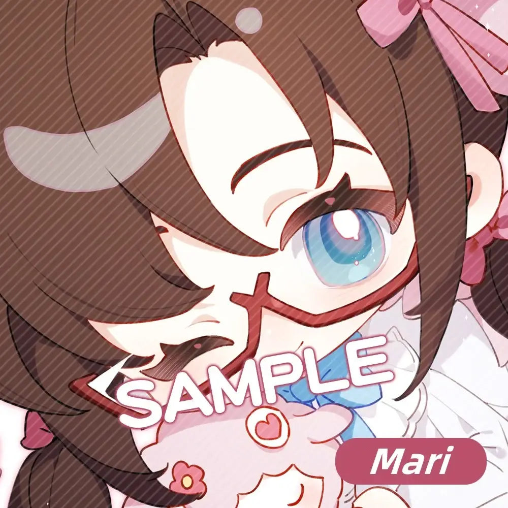 Evangelion character keychain featuring a chibi anime with brown hair blue eyes red glasses holding a pink plush toy