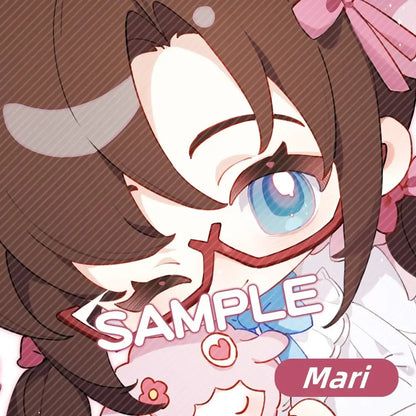 Evangelion character keychain featuring a chibi anime with brown hair blue eyes red glasses holding a pink plush toy