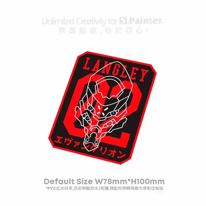 Red and black pvc car sticker with white line-art evangelion unit-2 head and red langley text for reflective windshield