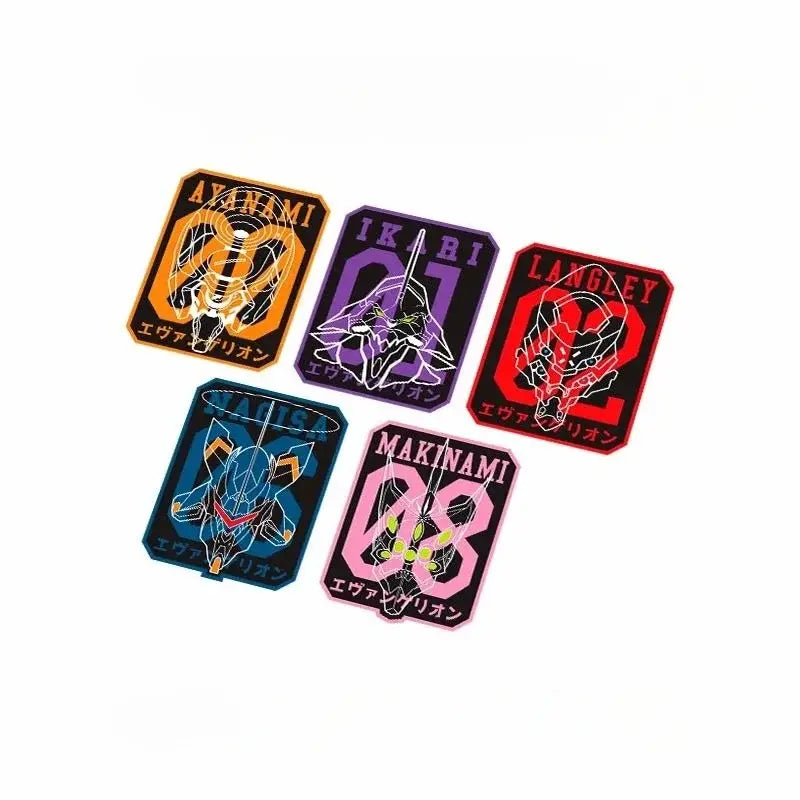Five rectangular evangelion unit car stickers with distinct colors designed for reflective windshield use