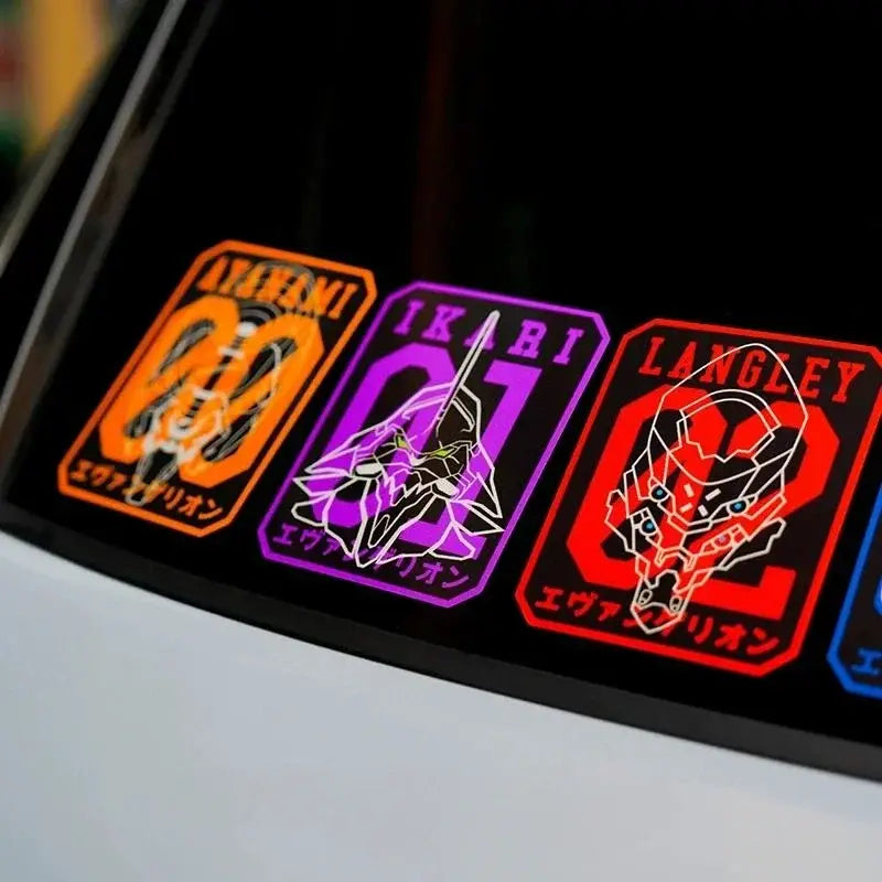 Vibrant neon-colored evangelion units 01 02 03 reflective windshield car sticker with bold outlines on dark background