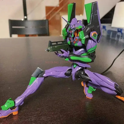 Evangelion eva-01 model kit 1:144 scale featuring purple and green action figure with black armor holding a rifle in dynamic pose