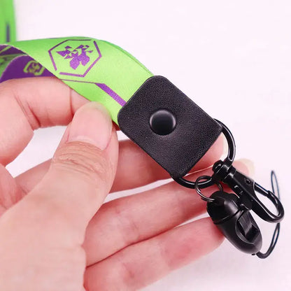 Green and purple evangelion eva-01 phone lanyard with black leather-like tab and metal clip 44cm neck strap