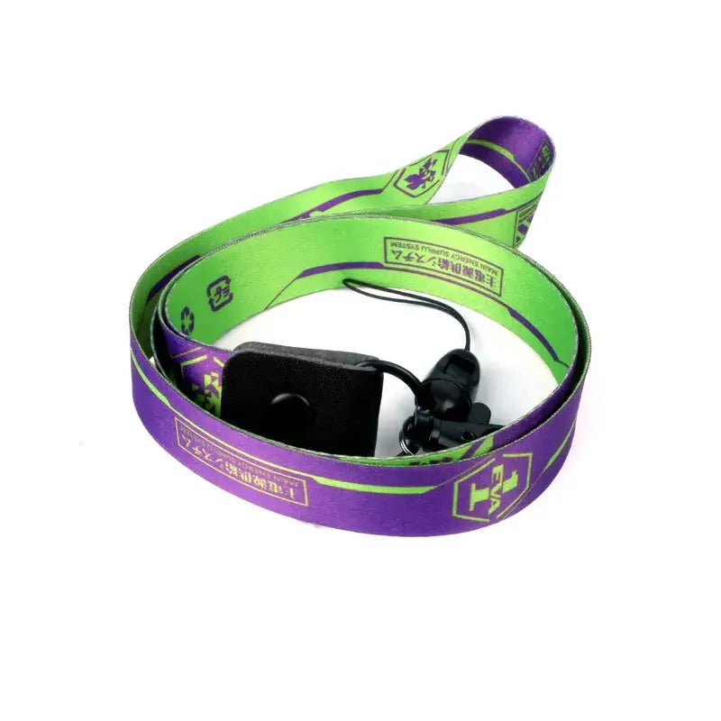 Purple and green eva-01 inspired phone lanyard with black holder and 44cm neck strap for secure phone carrying
