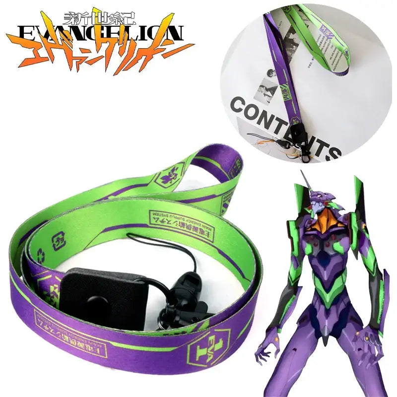 Purple and green evangelion eva-01 phone lanyard with black plastic clip and neck strap printed logo 44cm length