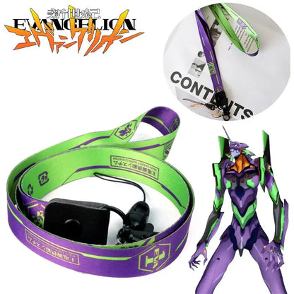 Purple and green eva-01 inspired phone lanyard neck strap with black plastic clip and printed logo 44cm length