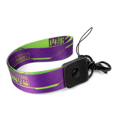 Purple and neon green Evangelion EVA-01 phone lanyard with black leather tab and metal clasp 44cm neck strap