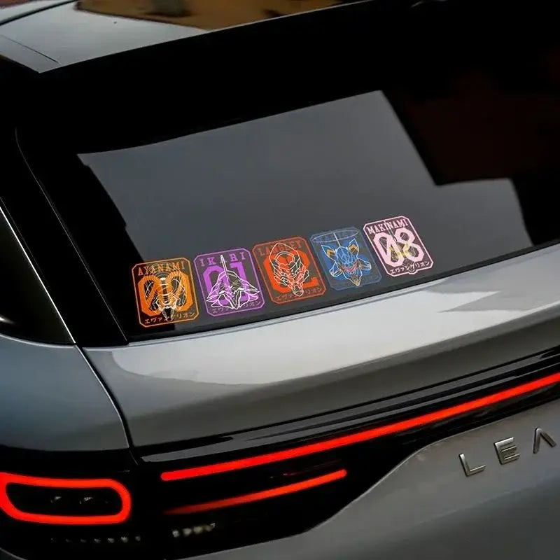 A set of five colorful neon-lit evangelion eva-01 reflective car stickers affixed to a car rear window