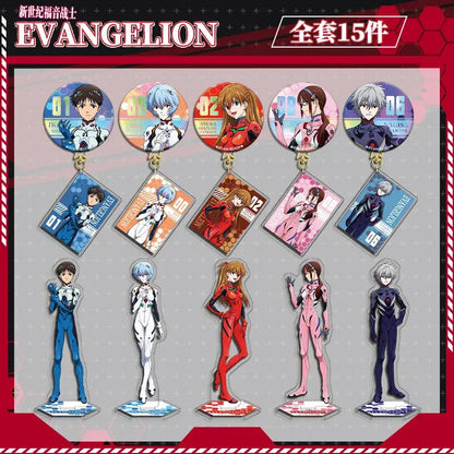 Set of 15 evangelion eva acrylic stands and keychains featuring double-sided acrylic in red white pink blue and black plugsuits