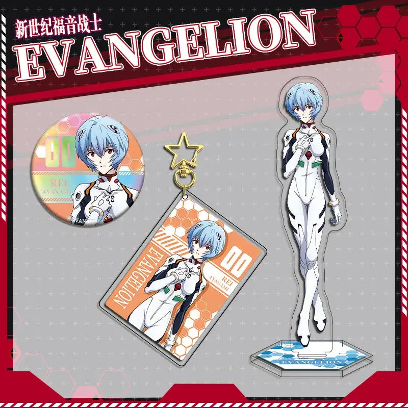 White and black evangelion eva acrylic stand with blue hair red eyes and transparent base double-sided eva acrylic stand