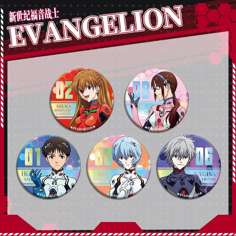 Set of five circular evangelion eva acrylic stand pins featuring characters in colorful pilot suits with double-sided design