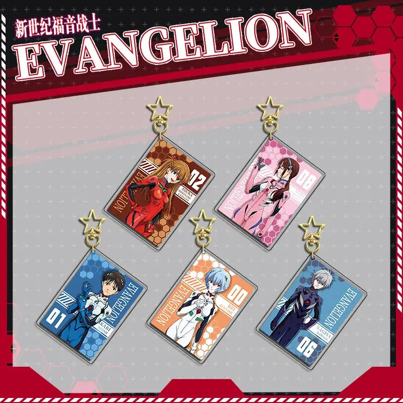 Five rectangular evangelion eva acrylic keychains with gold star tops in unique colors from double-sided eva acrylic stand set
