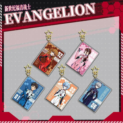 Five rectangular evangelion eva acrylic keychains with gold star tops in unique colors from double-sided eva acrylic stand set