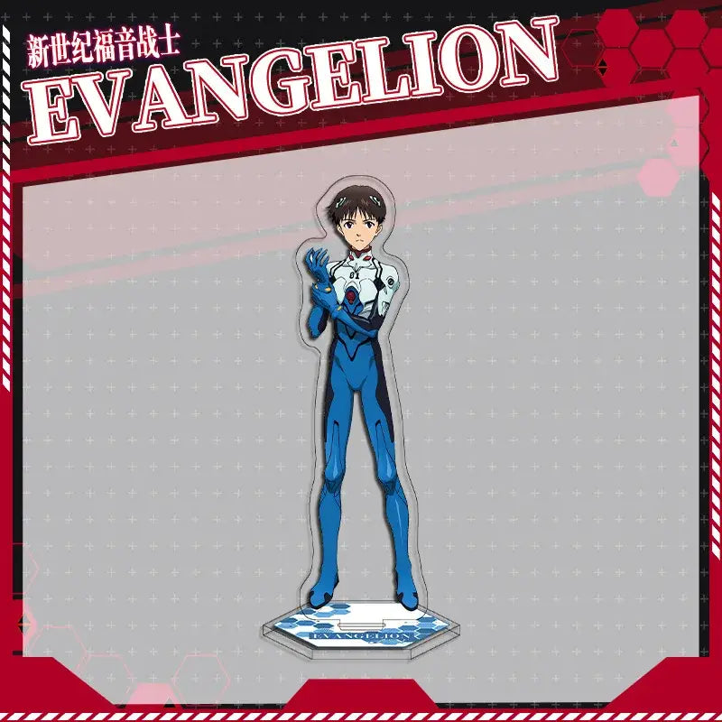 Blue evangelion eva acrylic standee with white and red accents on hexagonal base from double-sided acrylic stand set