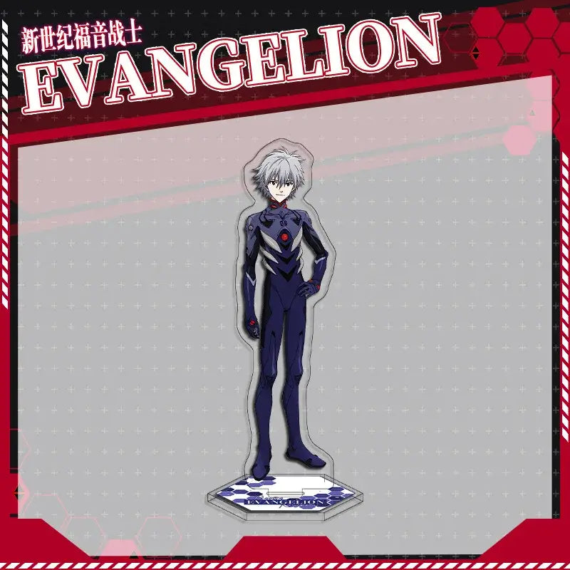 A sleek dark blue evangelion eva acrylic stand with silver hair and red chest accents in a double-sided acrylic stand set