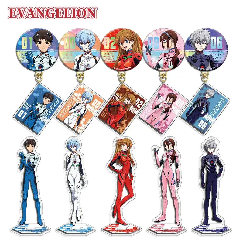 Set of evangelion eva acrylic stand and button pins featuring colorful double-sided designs with distinct color schemes