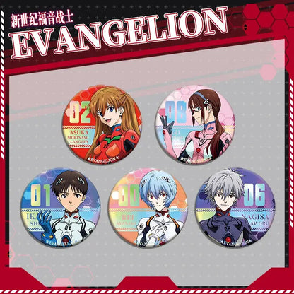 Set of five circular evangelion eva acrylic flashing pins featuring anime pilots in colorful suits for display stand use