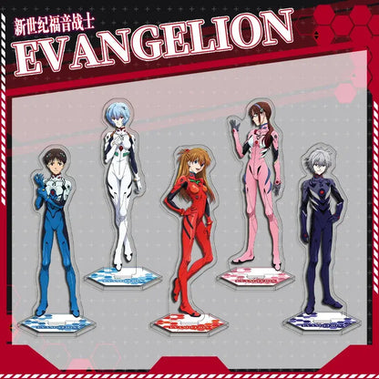 Five evangelion eva acrylic stand figures in colorful plugsuits on hexagonal bases with double-sided flashing pins
