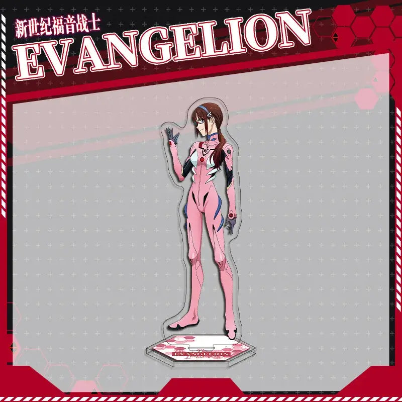 Pink evangelion eva acrylic stand figure with white and blue accents on hexagonal base flashing pin
