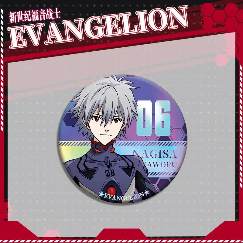 Circular evangelion eva acrylic stand flashing pin featuring nagisa kaworu in dark blue pilot suit on purple teal background