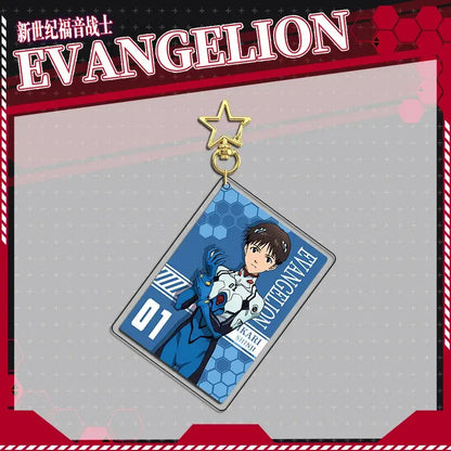 Blue and white evangelion eva acrylic stand featuring shinji with a gold star flashing pin top